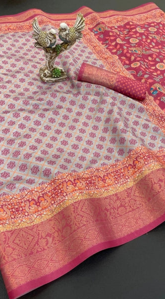 Mayawye Women's Soft Dola Cotton Printed Saree With Unstitched Blouse 5.5Mtr (Pink)