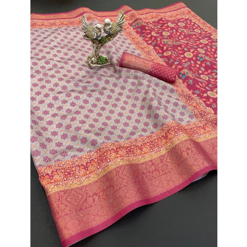 Mayawye Women's Soft Dola Cotton Printed Saree With Unstitched Blouse 5.5Mtr (Pink)