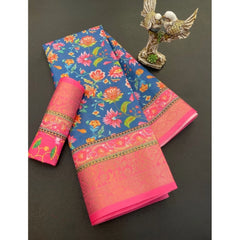 Mayawye Women's Soft Dola Cotton Printed Saree With Unstitched Blouse 5.5Mtr (Blue)