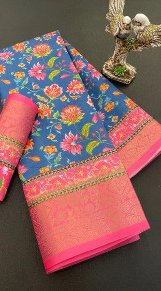 Mayawye Women's Soft Dola Cotton Printed Saree With Unstitched Blouse 5.5Mtr (Blue)