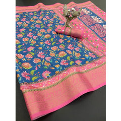 Mayawye Women's Soft Dola Cotton Printed Saree With Unstitched Blouse 5.5Mtr (Blue)