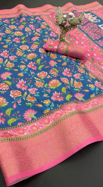 Mayawye Women's Soft Dola Cotton Printed Saree With Unstitched Blouse 5.5Mtr (Blue)