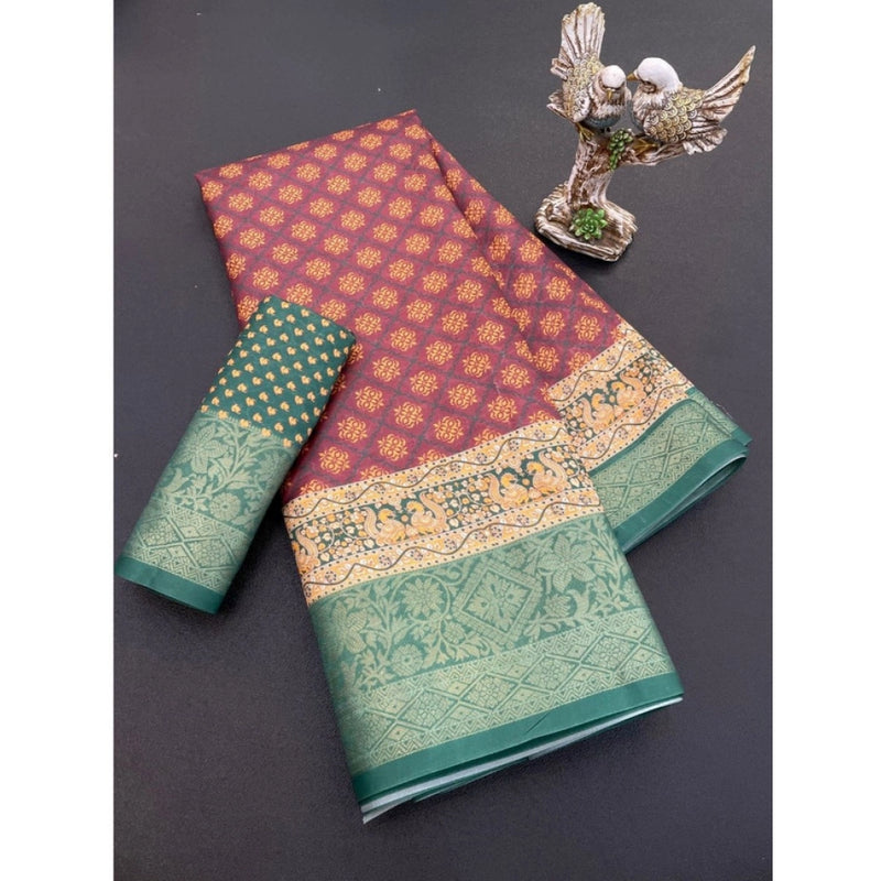 Mayawye Women's Soft Dola Cotton Printed Saree With Unstitched Blouse 5.5Mtr (Maroon)