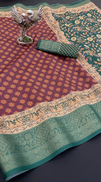 Mayawye Women's Soft Dola Cotton Printed Saree With Unstitched Blouse 5.5Mtr (Maroon)
