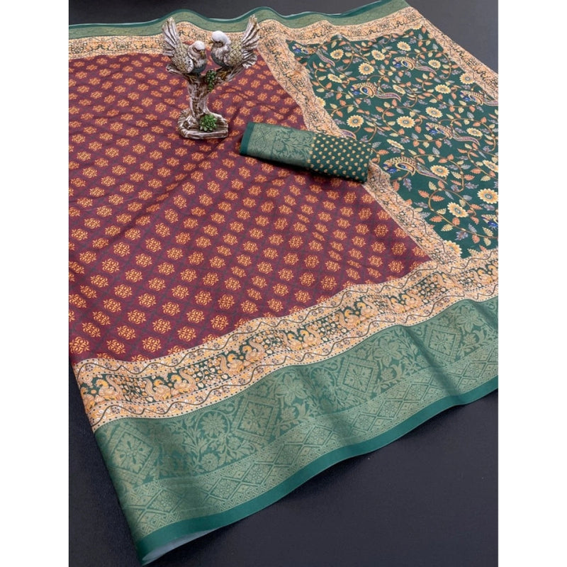 Mayawye Women's Soft Dola Cotton Printed Saree With Unstitched Blouse 5.5Mtr (Maroon)