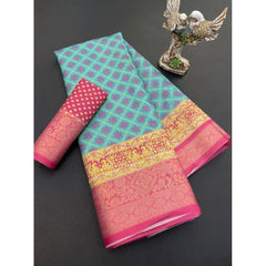 Mayawye Women's Soft Dola Cotton Printed Saree With Unstitched Blouse 5.5Mtr (Sky Blue)
