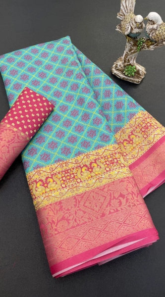 Mayawye Women's Soft Dola Cotton Printed Saree With Unstitched Blouse 5.5Mtr (Sky Blue)
