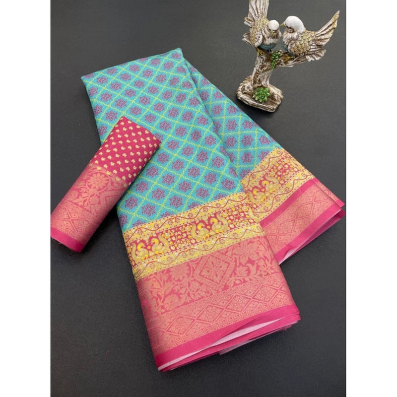 Mayawye Women's Soft Dola Cotton Printed Saree With Unstitched Blouse 5.5Mtr (Sky Blue)
