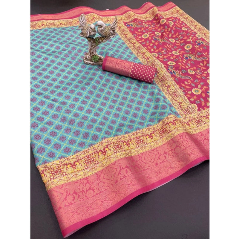 Mayawye Women's Soft Dola Cotton Printed Saree With Unstitched Blouse 5.5Mtr (Sky Blue)