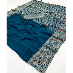 Mayawye Women's Gajji Soft Silk Printed Saree With Unstitched Blouse 5.5Mtr (Blue)