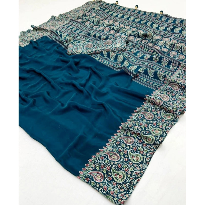 Mayawye Women's Gajji Soft Silk Printed Saree With Unstitched Blouse 5.5Mtr (Blue)
