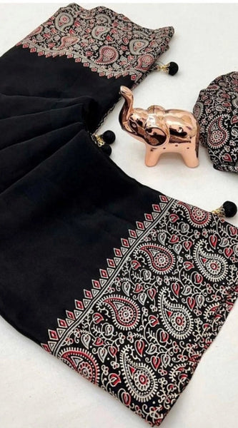 Mayawye Women's Gajji Soft Silk Printed Saree With Unstitched Blouse 5.5Mtr (Black)