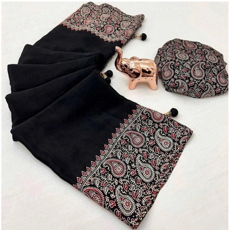 Mayawye Women's Gajji Soft Silk Printed Saree With Unstitched Blouse 5.5Mtr (Black)