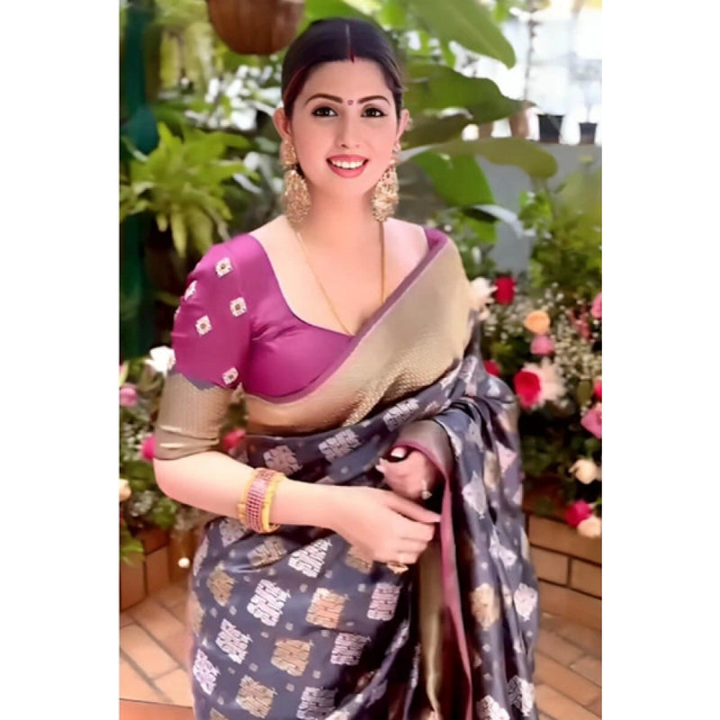 Mayawye Women's Soft Litchi Silk Jacquard Work Saree With Unstitched Blouse 5.5Mtr (Gray)