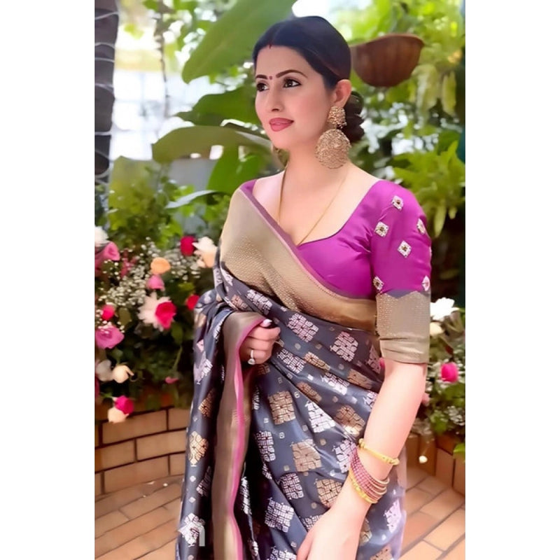 Mayawye Women's Soft Litchi Silk Jacquard Work Saree With Unstitched Blouse 5.5Mtr (Gray)