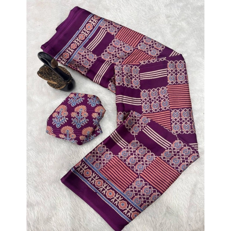 Mayawye Women's Gajji Soft Silk Printed Saree With Unstitched Blouse 5.5Mtr (Purple)