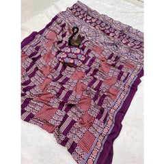 Mayawye Women's Gajji Soft Silk Printed Saree With Unstitched Blouse 5.5Mtr (Purple)