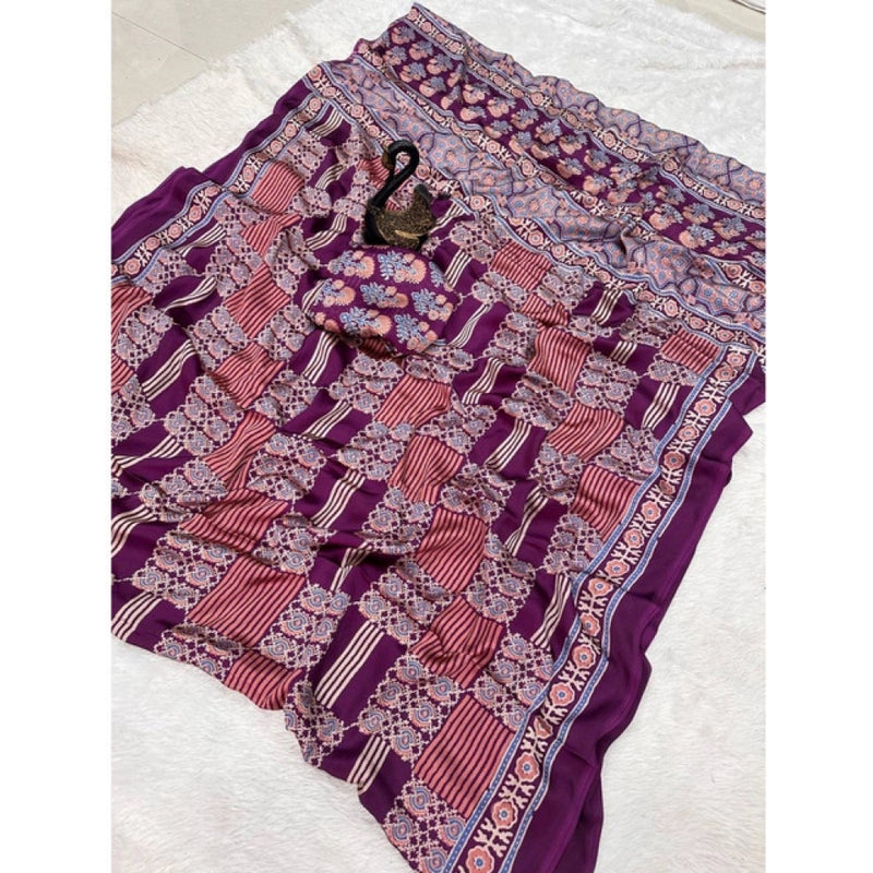 Mayawye Women's Gajji Soft Silk Printed Saree With Unstitched Blouse 5.5Mtr (Purple)