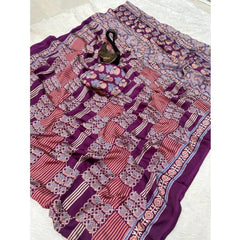 Mayawye Women's Gajji Soft Silk Printed Saree With Unstitched Blouse 5.5Mtr (Purple)