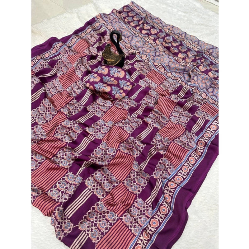 Mayawye Women's Gajji Soft Silk Printed Saree With Unstitched Blouse 5.5Mtr (Purple)