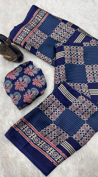 Mayawye Women's Gajji Soft Silk Printed Saree With Unstitched Blouse 5.5Mtr (Blue)