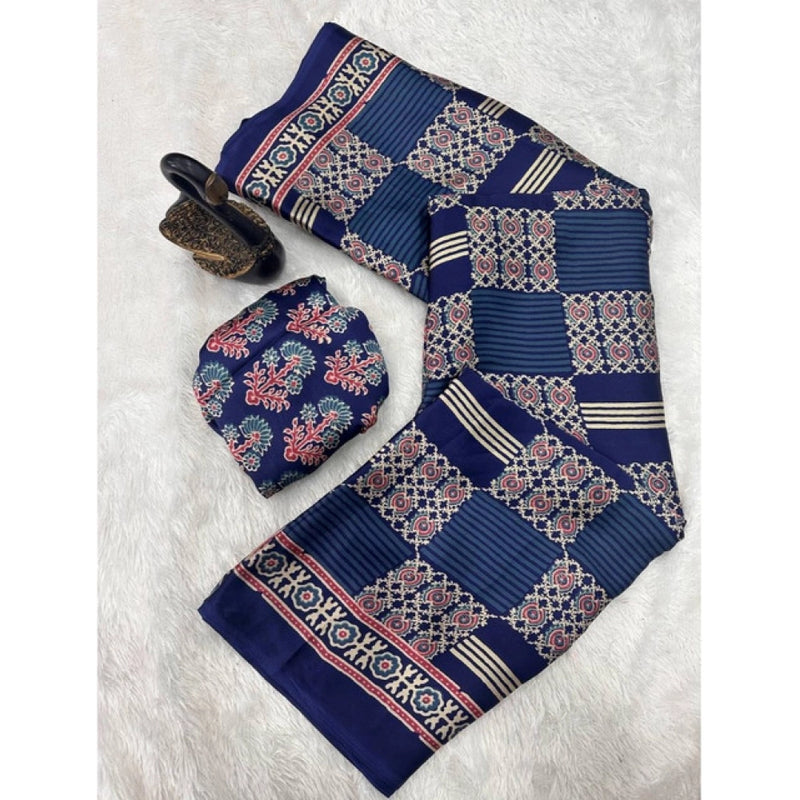 Mayawye Women's Gajji Soft Silk Printed Saree With Unstitched Blouse 5.5Mtr (Blue)