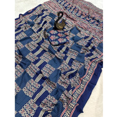 Mayawye Women's Gajji Soft Silk Printed Saree With Unstitched Blouse 5.5Mtr (Blue)