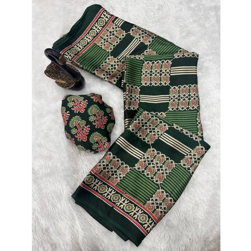 Mayawye Women's Gajji Soft Silk Printed Saree With Unstitched Blouse 5.5Mtr (Green)
