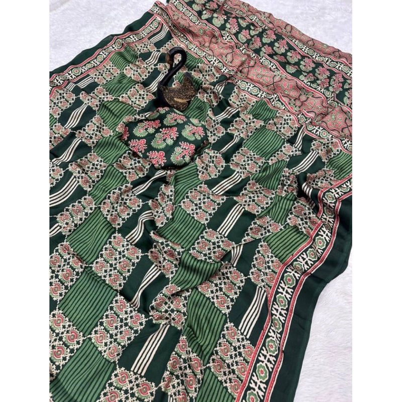 Mayawye Women's Gajji Soft Silk Printed Saree With Unstitched Blouse 5.5Mtr (Green)