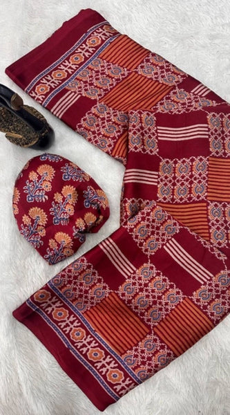 Mayawye Women's Gajji Soft Silk Printed Saree With Unstitched Blouse 5.5Mtr (Maroon)