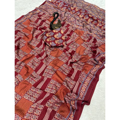 Mayawye Women's Gajji Soft Silk Printed Saree With Unstitched Blouse 5.5Mtr (Maroon)