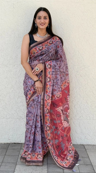 Mayawye Women's Cotton Hand Bandhani Printed Saree With Unstitched Blouse 5.5Mtr (Purple)