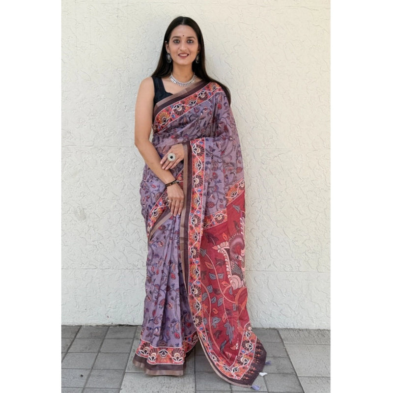 Mayawye Women's Cotton Hand Bandhani Printed Saree With Unstitched Blouse 5.5Mtr (Purple)