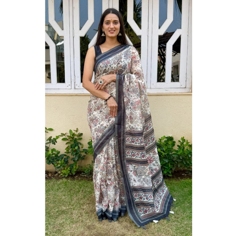 Mayawye Women's Cotton Hand Bandhani Printed Saree With Unstitched Blouse 5.5Mtr (Gray)