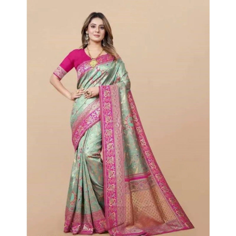 Mayawye Women's Soft Litchi Silk Jacquard Work Saree With Unstitched Blouse 5.5Mtr (Multicolor)
