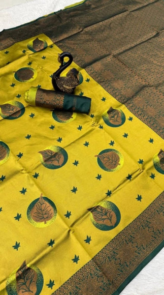Mayawye Women's Banarasi Silk Jacquard Work Saree With Unstitched Blouse 5.5Mtr (Yellow)