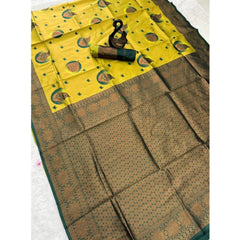 Mayawye Women's Banarasi Silk Jacquard Work Saree With Unstitched Blouse 5.5Mtr (Yellow)