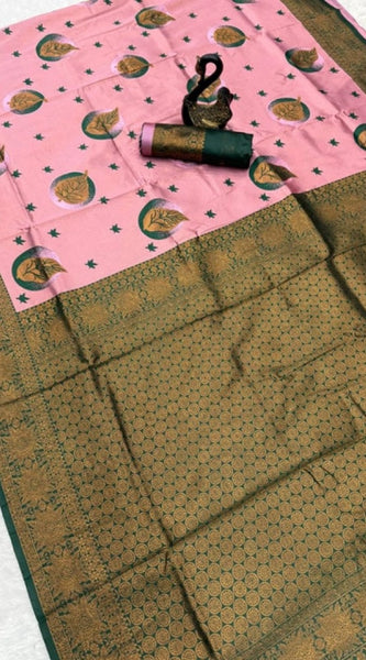 Mayawye Women's Banarasi Silk Jacquard Work Saree With Unstitched Blouse 5.5Mtr (Light Pink)