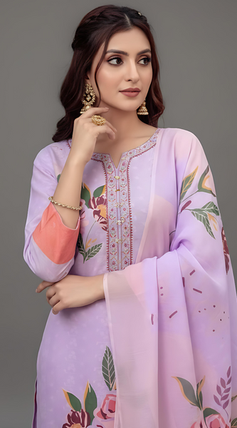 Mayawye Women's Cotton Blend Printed Kurti With Pant Dupatta Set (Lavender)