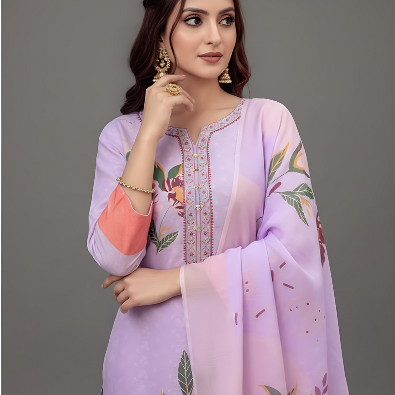 Mayawye Women's Cotton Blend Printed Kurti With Pant Dupatta Set (Lavender)