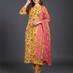 Mayawye Women's Cotton Blend Printed Kurti With Pant Dupatta Set (Yellow)