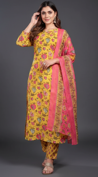 Mayawye Women's Cotton Blend Printed Kurti With Pant Dupatta Set (Yellow)