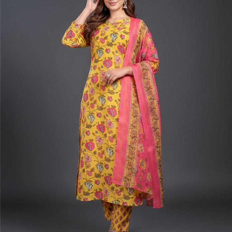 Mayawye Women's Cotton Blend Printed Kurti With Pant Dupatta Set (Yellow)