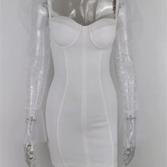 Sexy Mesh Puff Sleeve Party Dress Women Low Collar Backless Patchwork Red Mini Dress Nightclub 2020 Spring Vestidos