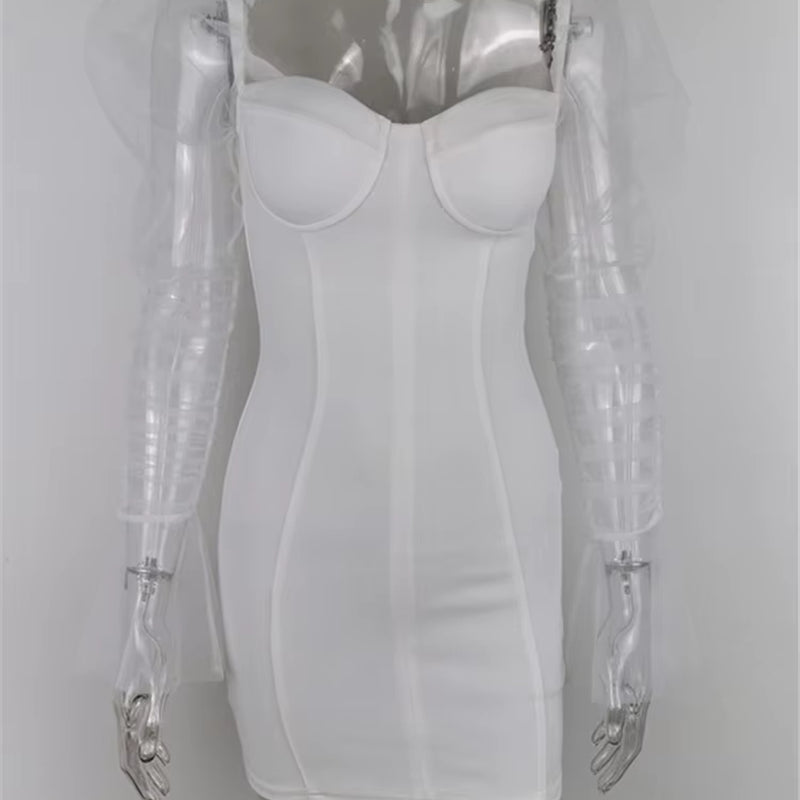 Sexy Mesh Puff Sleeve Party Dress Women Low Collar Backless Patchwork Red Mini Dress Nightclub 2020 Spring Vestidos