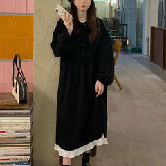 Autumn New Korean Style Dress Women Ruffles Patchwork O Neck Long Sleeve Dresses Slim Waist Elegant Vestidos Mujer