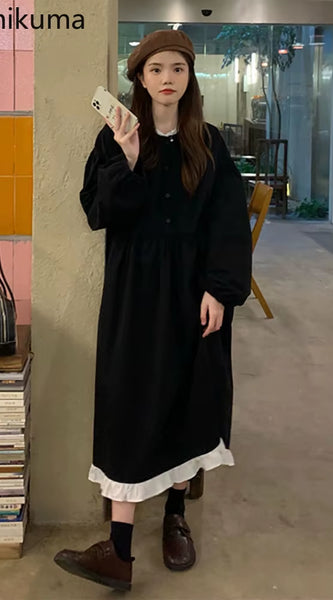 Autumn New Korean Style Dress Women Ruffles Patchwork O Neck Long Sleeve Dresses Slim Waist Elegant Vestidos Mujer