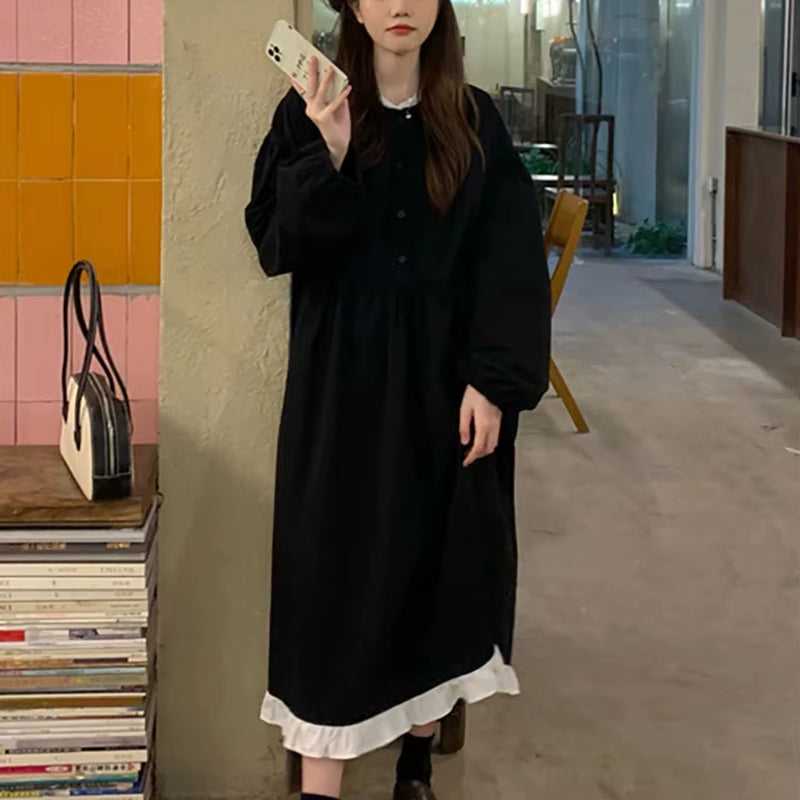 Autumn New Korean Style Dress Women Ruffles Patchwork O Neck Long Sleeve Dresses Slim Waist Elegant Vestidos Mujer