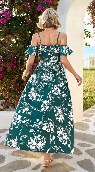 Vivid Eden Summer Woman Floral Print Cold Shoulder Wrap Hem Belted Dress,Vacation Style