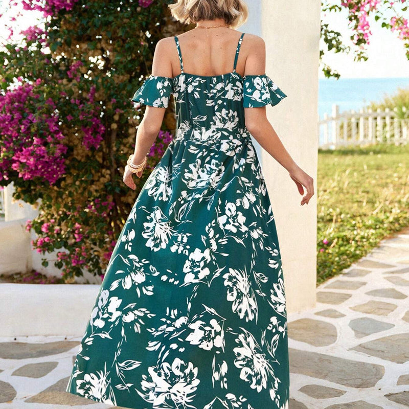 Vivid Eden Summer Woman Floral Print Cold Shoulder Wrap Hem Belted Dress,Vacation Style